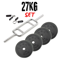 York Fitness Standard 1" Solid Tricep Bar and weight plate set