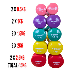 York Fitness Vinyl Dipped Dumbbells 15kg Set Bundle