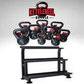 York Barbell Vinyl 2-20kg Black Kettlebells Bundle & 3-tier rack