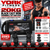York Fitness 20kg Black Cast Iron Dumbbell Set and Case