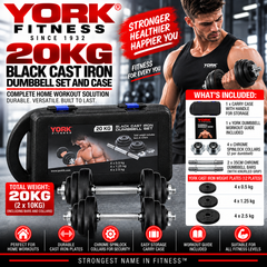 York Fitness 20kg Black Cast Iron Dumbbell Set and Case