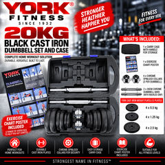 York Fitness 20kg Black Cast Iron Dumbbell Set and Case