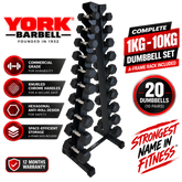 York Barbell 1kg-10kg Pro Hex Dumbbells & A Rack Set - (20 Dumbbells)