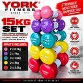 York Fitness Vinyl Dipped Dumbbells 15kg Set Bundle