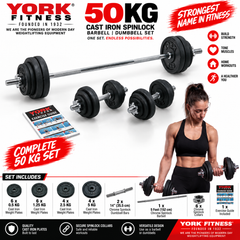 York Fitness 50 KG Cast Iron Spinlock Barbell | Dumbbell Set
