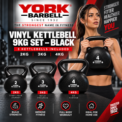 York Barbell Vinyl 9KG Kettlebell SET 2KG,3KG,4KG - Black
