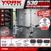 York Barbell Weight Lifting Starter Set - Bench + LAT Attachment , Bars & 80kg Weights