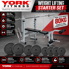 York Fitness B530 Weight Lifting Starter Set - Bench, Bars & 80kg Weights