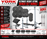 York Fitness ULTIMATE Weight Lifting Bench Set - Bench + LAT/CURL Attachment , Bars & 90kg Weights