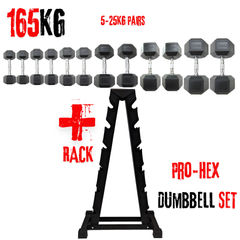 York Barbell PRO-Hex Dumbbells Bundle 165Kg + RACK