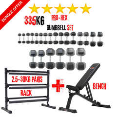 York Barbell 335KG PRO Hex Dumbbell & Rack and bench Bundle Set