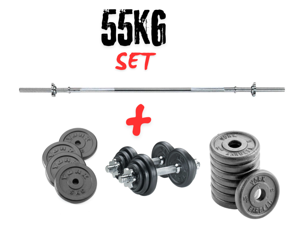 York Fitness 55 KG Cast Iron Spinlock Barbell Dumbbell Set