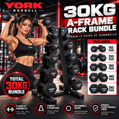 York Barbell 5-Pair A-Frame 30KG NEO HEX Dumbbell Bundle