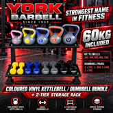 York Barbell 60 KG Vinyl kettlebell /Dumbbell Bundle with 2 tier rack