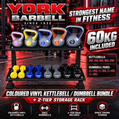 York Barbell 60 KG Vinyl kettlebell /Dumbbell Bundle with 2 tier rack
