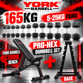York Barbell 165KG Hex Dumbbell Rack & C19DB Flat to Incline Dumbbell Bench Bundle