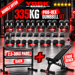 York Barbell 335KG PRO Hex Dumbbell & Rack and bench Bundle Set
