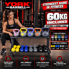 York Barbell 60 KG Vinyl kettlebell /Dumbbell Bundle with 2 tier rack