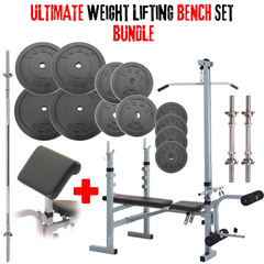 York Barbell ULTIMATE Weight Lifting Bench Set - Bench + LAT/CURL Attachment , Bars & 90kg Weights