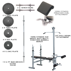 York Barbell ULTIMATE Weight Lifting Bench Set - Bench + LAT/CURL Attachment , Bars & 90kg Weights