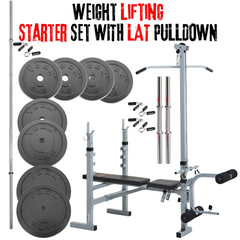 York Barbell Weight Lifting Starter Set - Bench + LAT Attachment ,Solid steel Bars & 80kg Weights