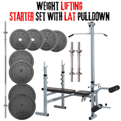 York Barbell Weight Lifting Starter Set - Bench + LAT Attachment , Bars & 80kg Weights