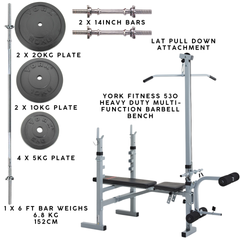 York Barbell Weight Lifting Starter Set - Bench + LAT Attachment , Bars & 80kg Weights
