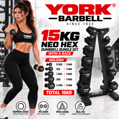 York Barbell 5-Pair A-Frame 15KG NEO HEX Dumbbell Bundle