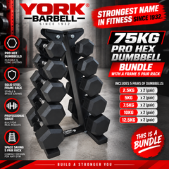 York Barbell 5-Pair A-Frame 75KG PRO HEX Dumbbell Bundle