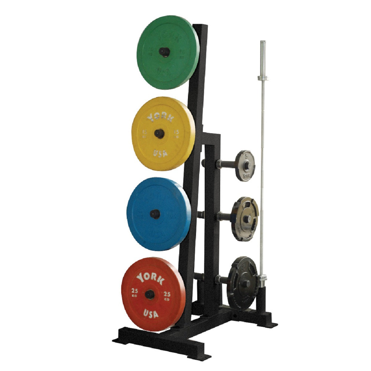 York Barbell Olympic Single Sided Plate Tree Rack with 2 Olympic Bar Holders, York Fitness