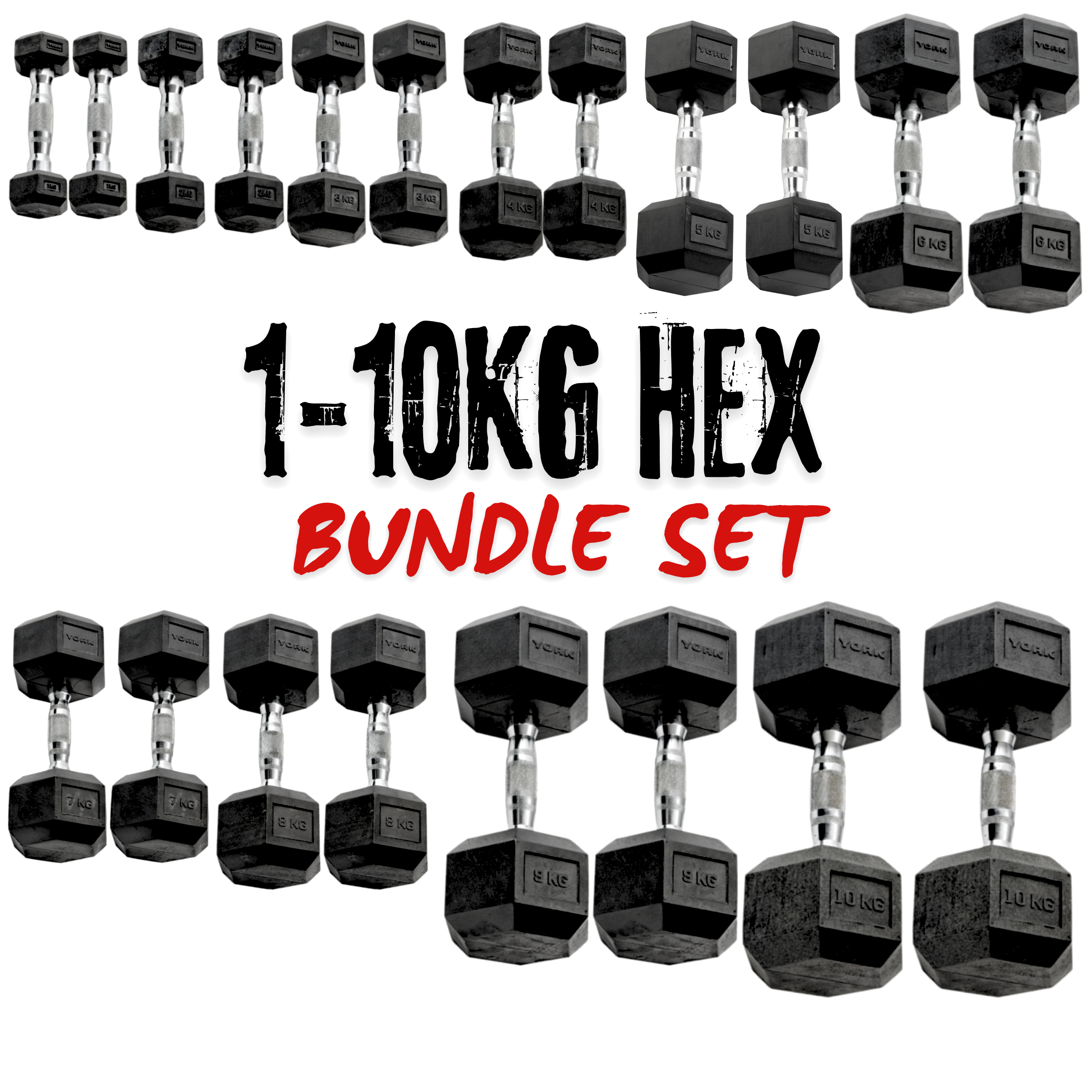 York Barbell 1kg-10kg rubber hex dumbbells set