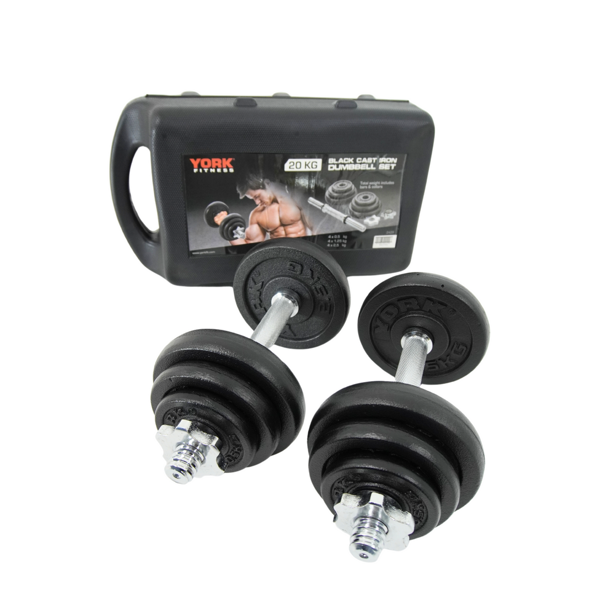 York Fitness 20kg Black Cast Iron Dumbbell Set and Case