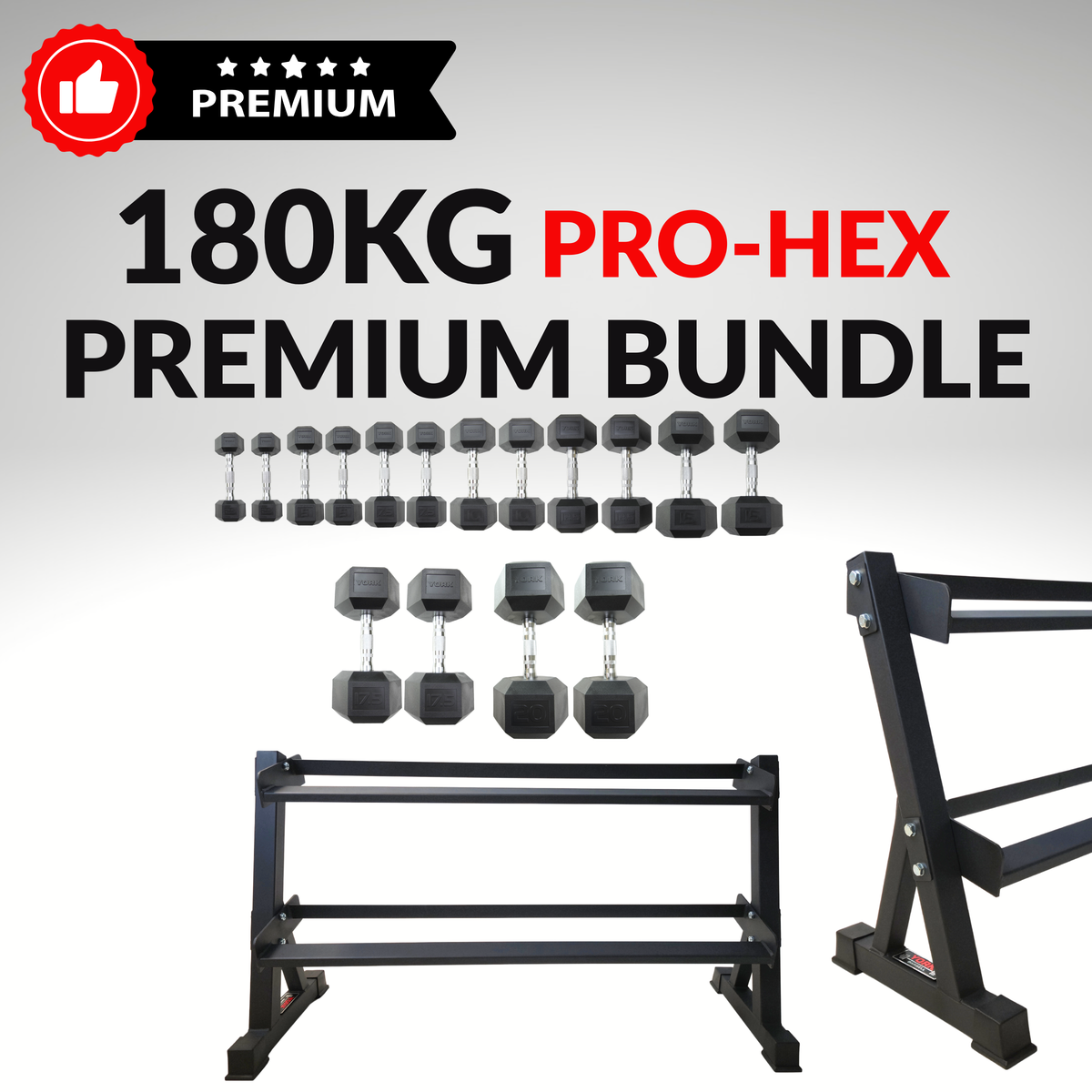 York Barbell 180KG Premium Hex Dumbbell & Angled Rack Bundle Set