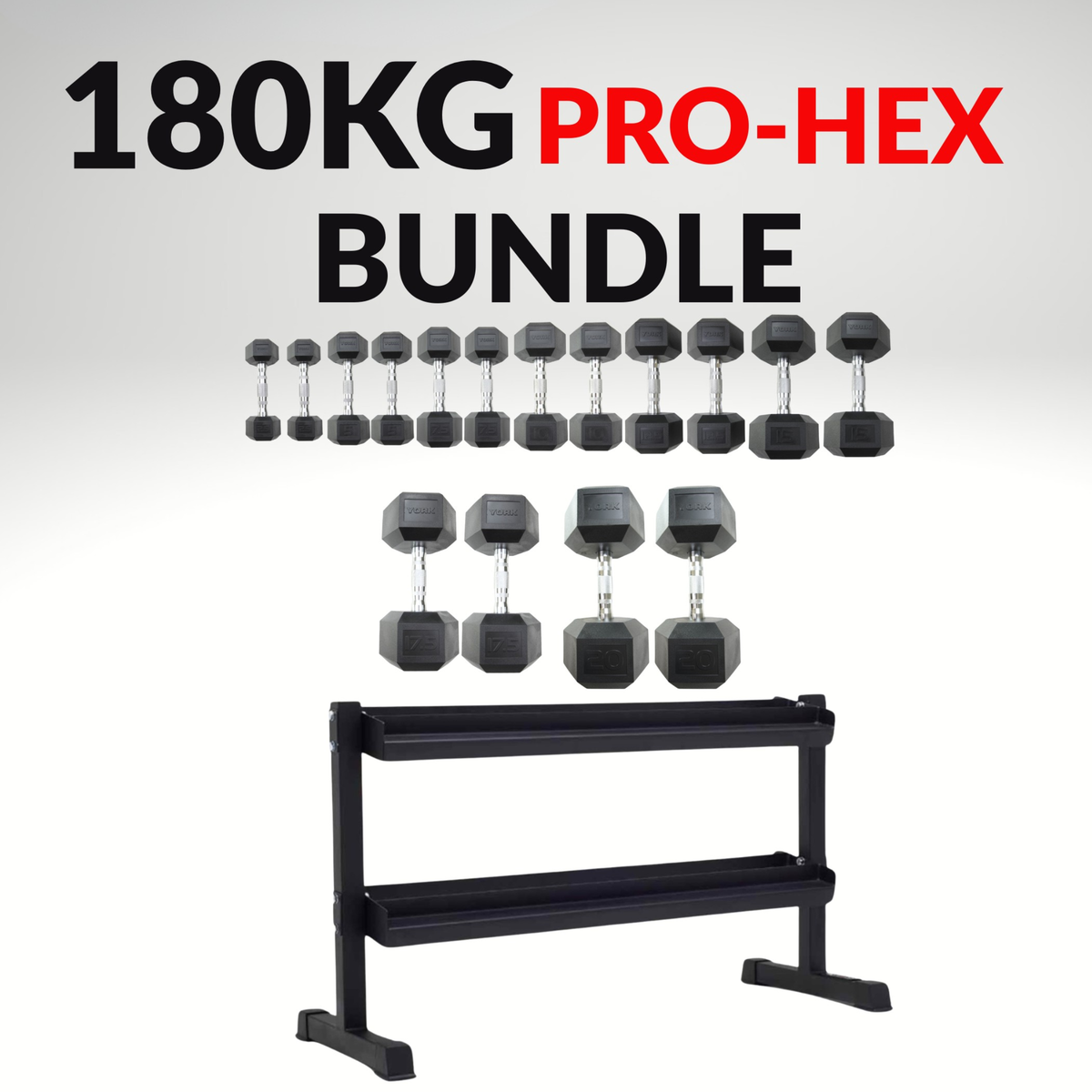 York Barbell 180KG Hex Dumbbell & Rack Bundle Set