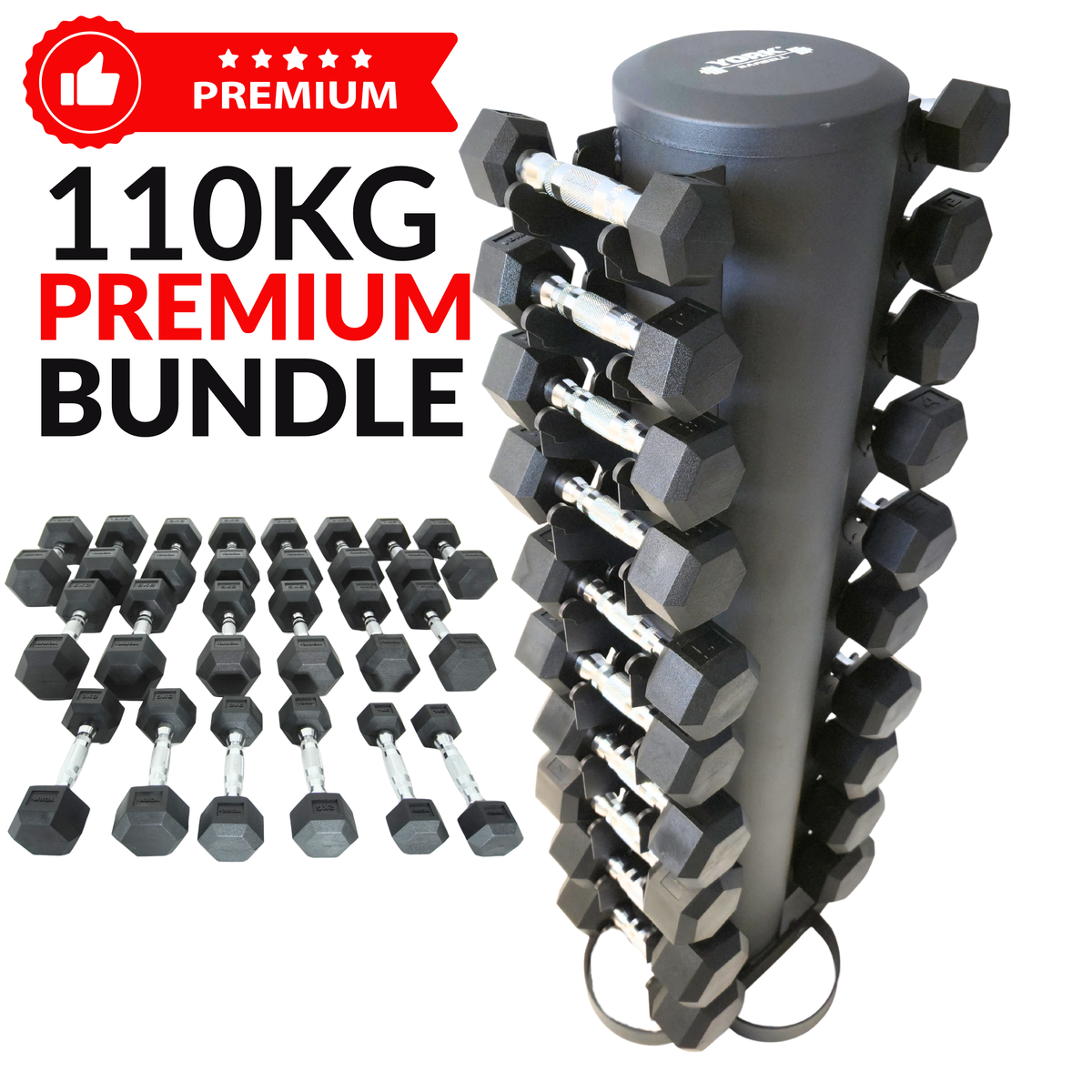 York Barbell Premium 1kg-10kg PRO hex dumbbells with Cylinder rack Bundle