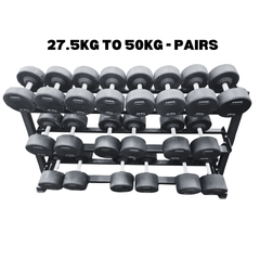 York Barbell PRO style round dumbbell + Rack Bundle 27.5kg – 50kg -Pairs
