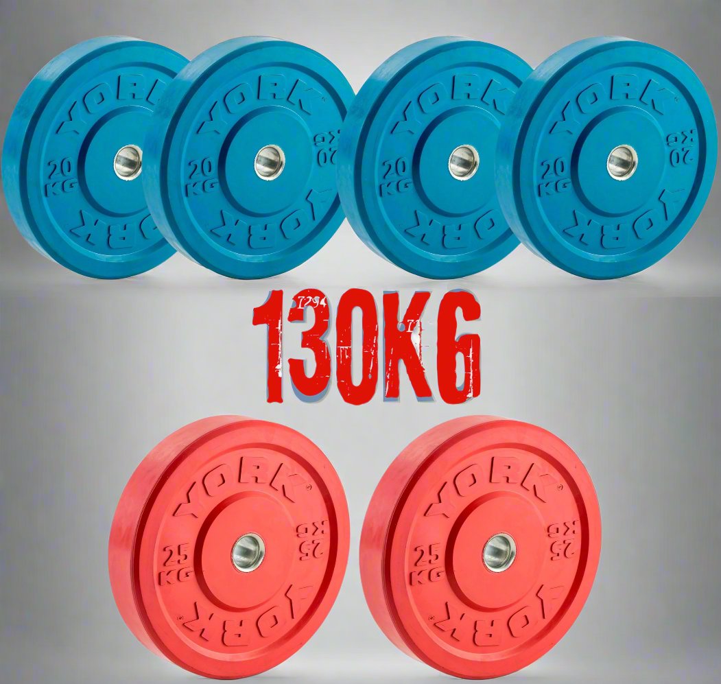 130KG York Barbell Olympic Solid Rubber Coloured Bumper Plates Bundle