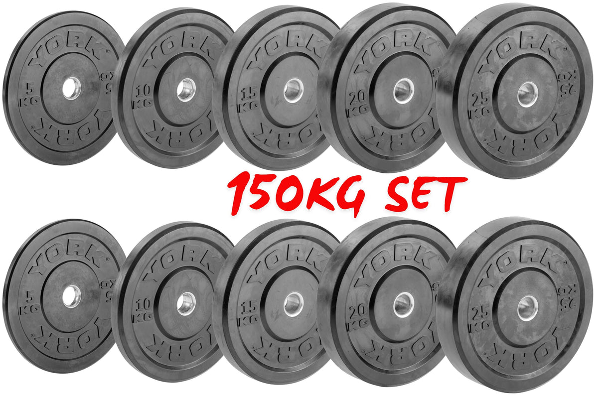 150KG York Barbell Olympic Solid Rubber Black Bumper Plates Bundle