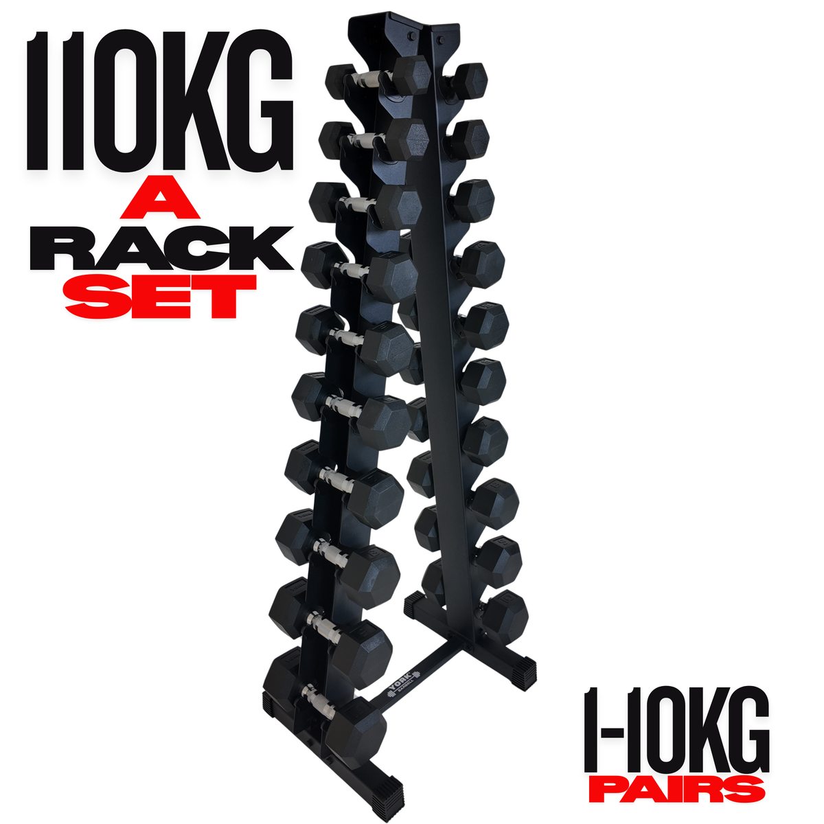 York Barbell 1kg-10kg Pro Hex Dumbbells & A Rack Set - (20 Dumbbells)