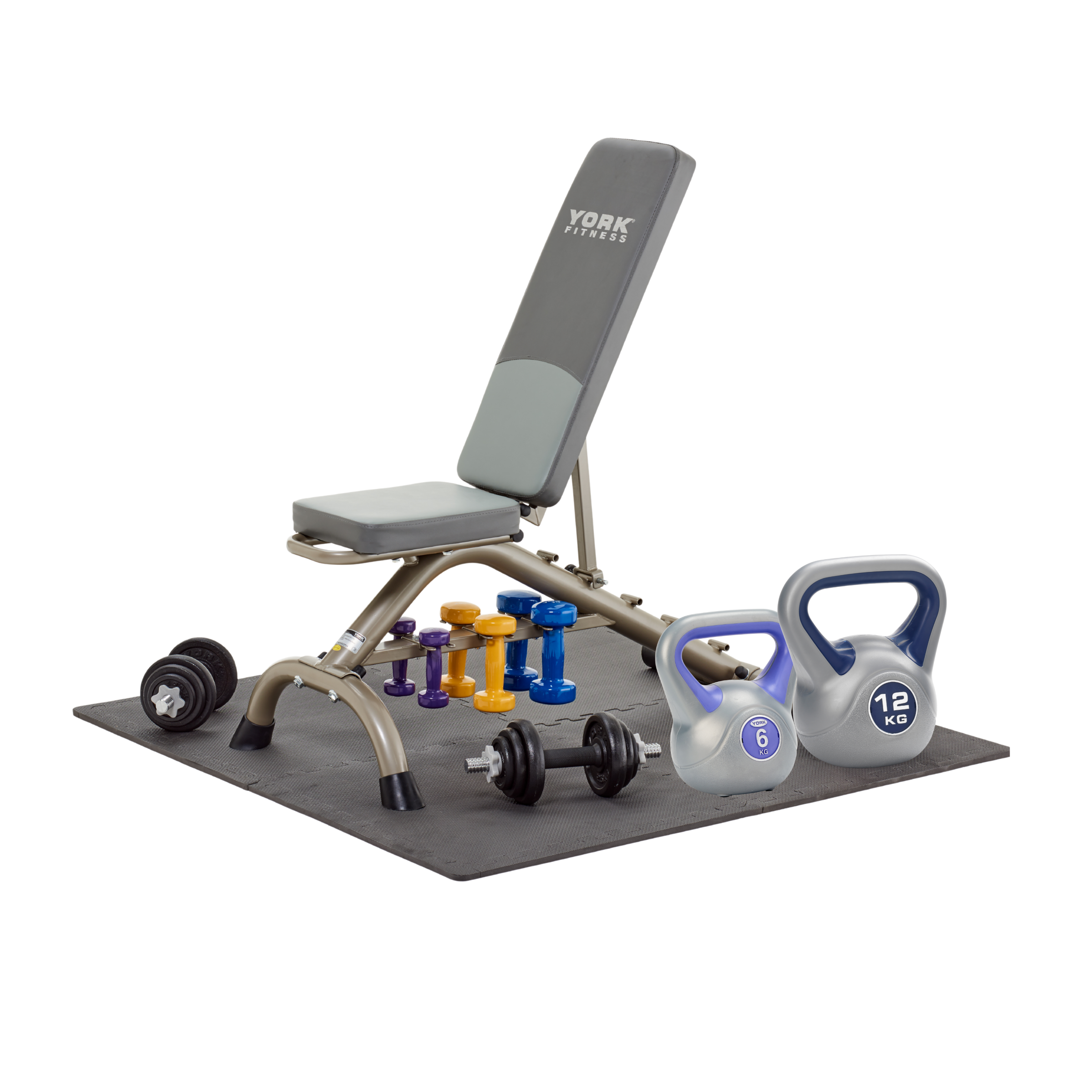 York Fitness Home Starter bench Set with 50KG Weights & Floor Mats