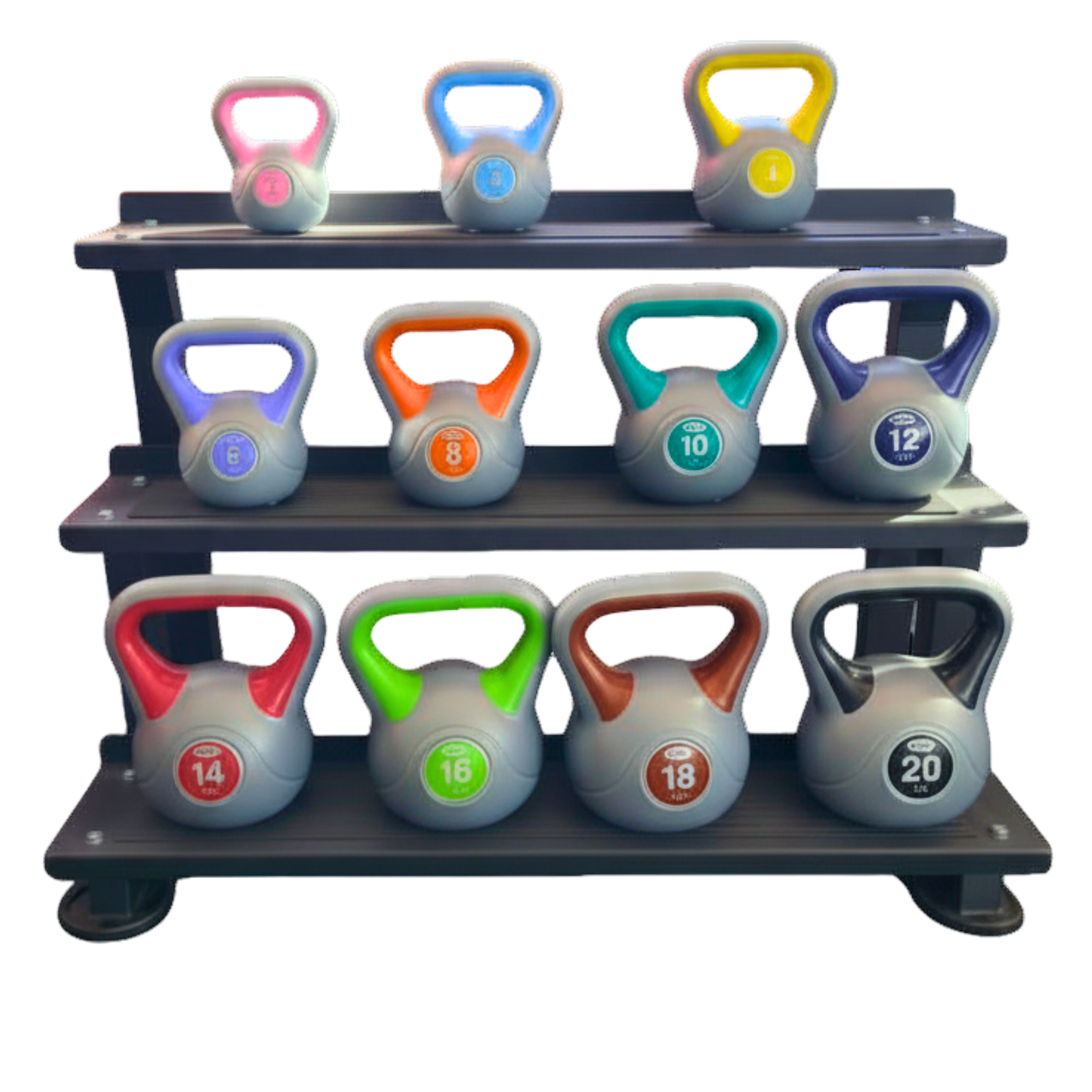 York Fitness Vinyl 2-20kg Colourful Kettlebells Bundle & 3-tier rack