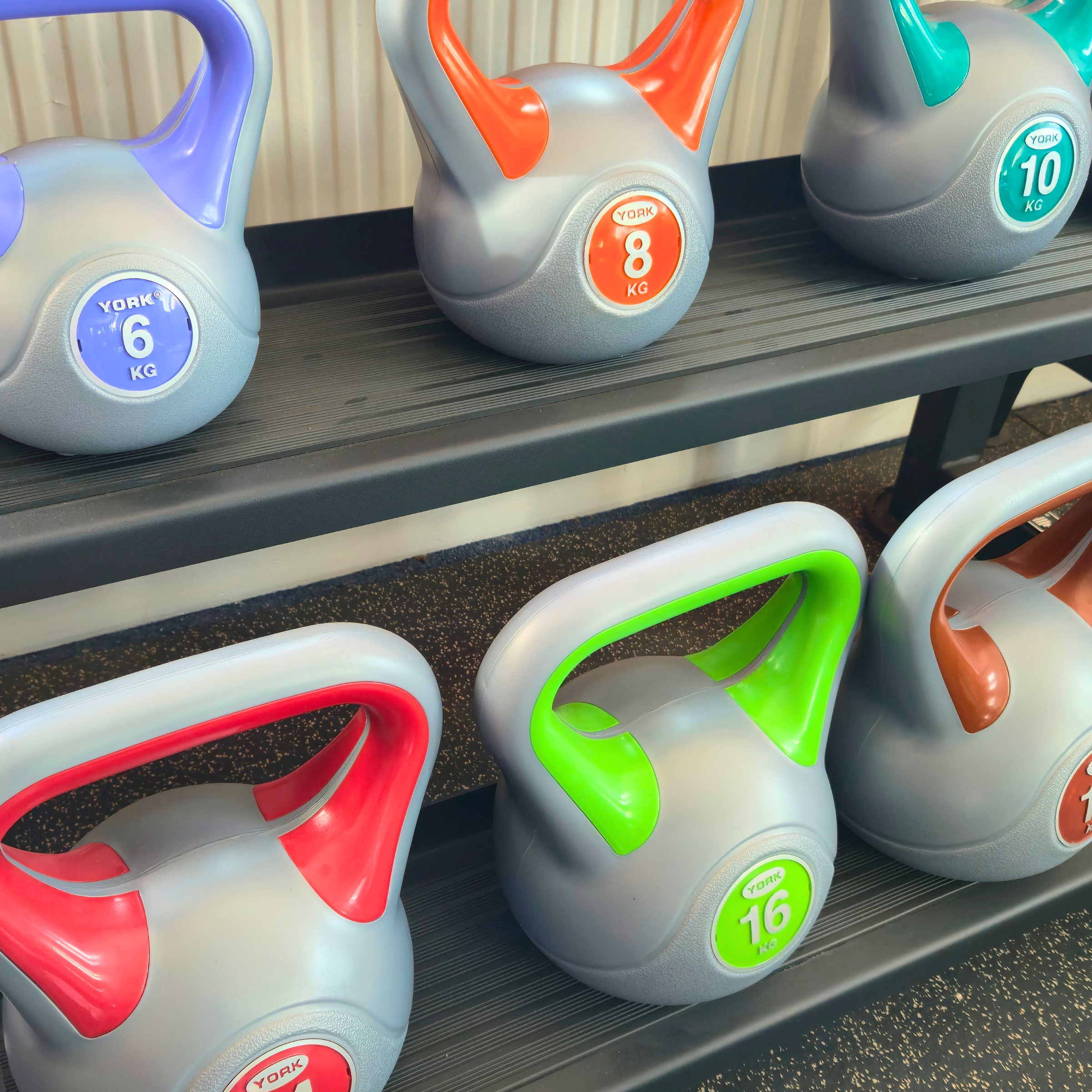 York Fitness Vinyl 2-20kg Colourful Kettlebells Bundle & 3-tier rack