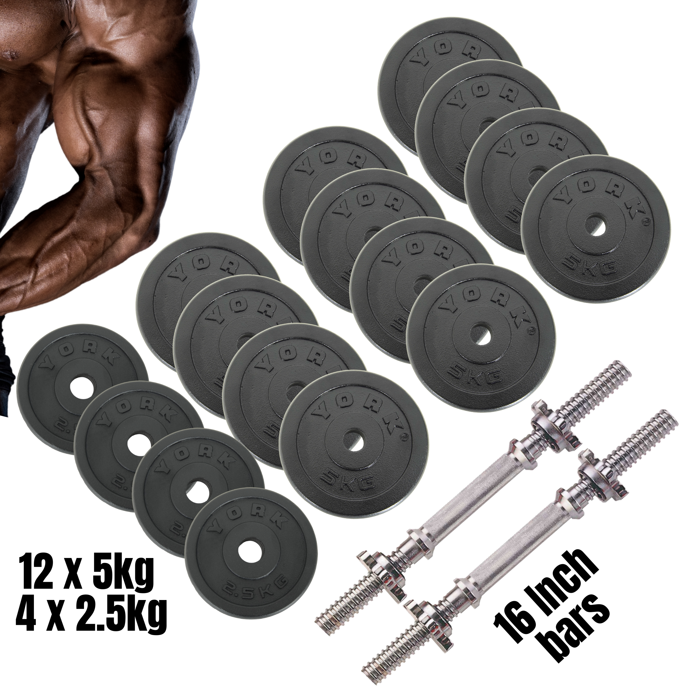York Fitness 70 KG Black Cast Iron 16inch Dumbbell Spinlock Set