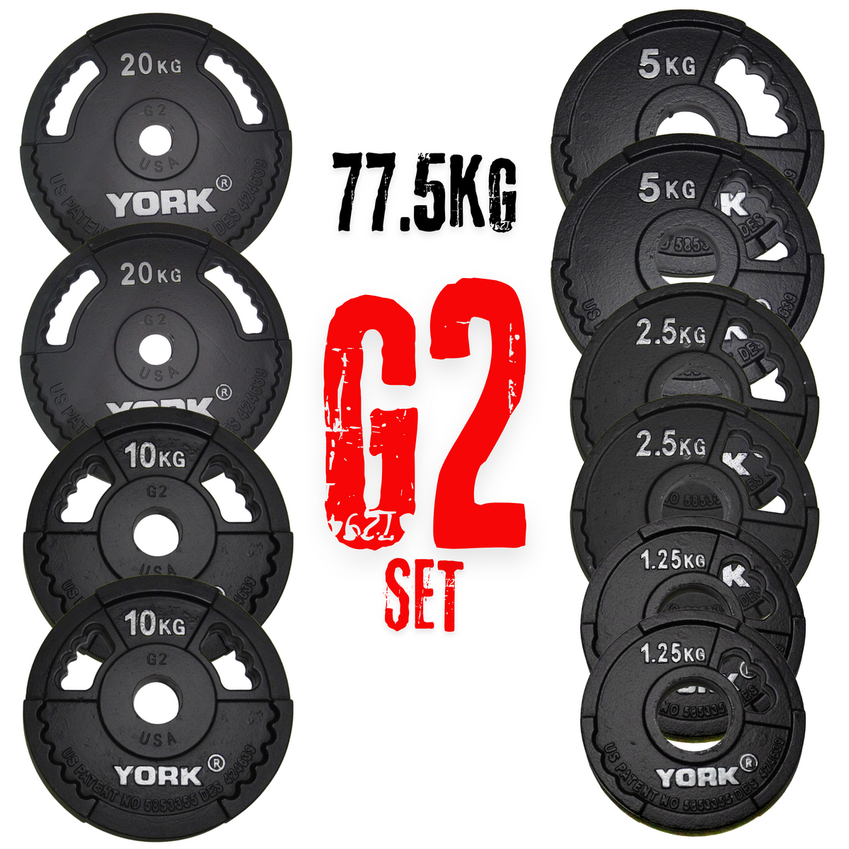 York Barbell G2 2" Cast Iron Olympic 77.5kg Weight Plates set