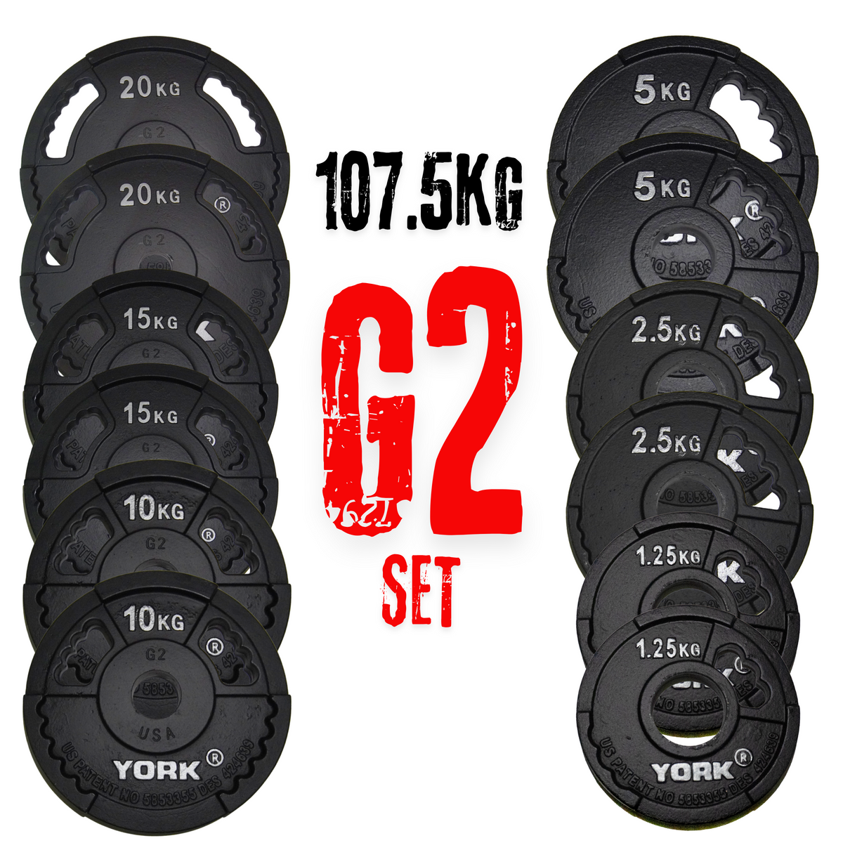 York Barbell G2 2" Cast Iron Olympic 107.5kg Weight Plates set