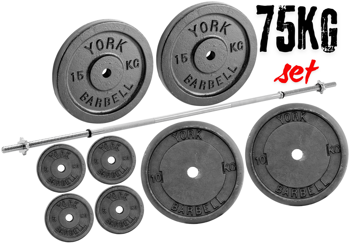 York Barbell 75kg Bundle Set Standard 1" Spinlock Barbell Bar with Collars