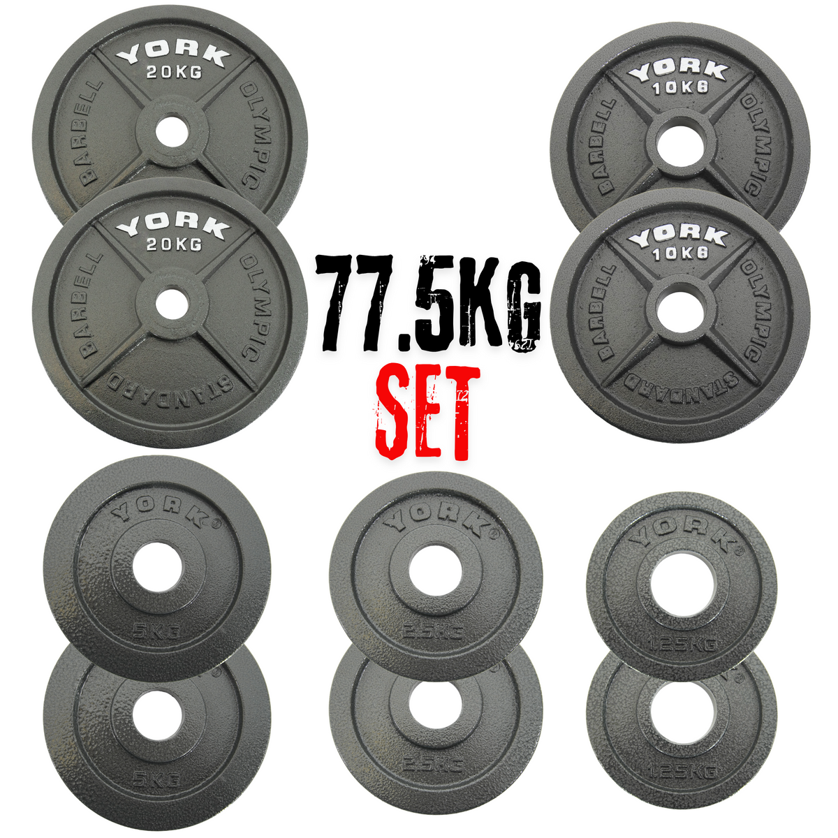 York Barbell Olympic 2" Hammertone Cast Iron 77.5kg Weight Plates Set