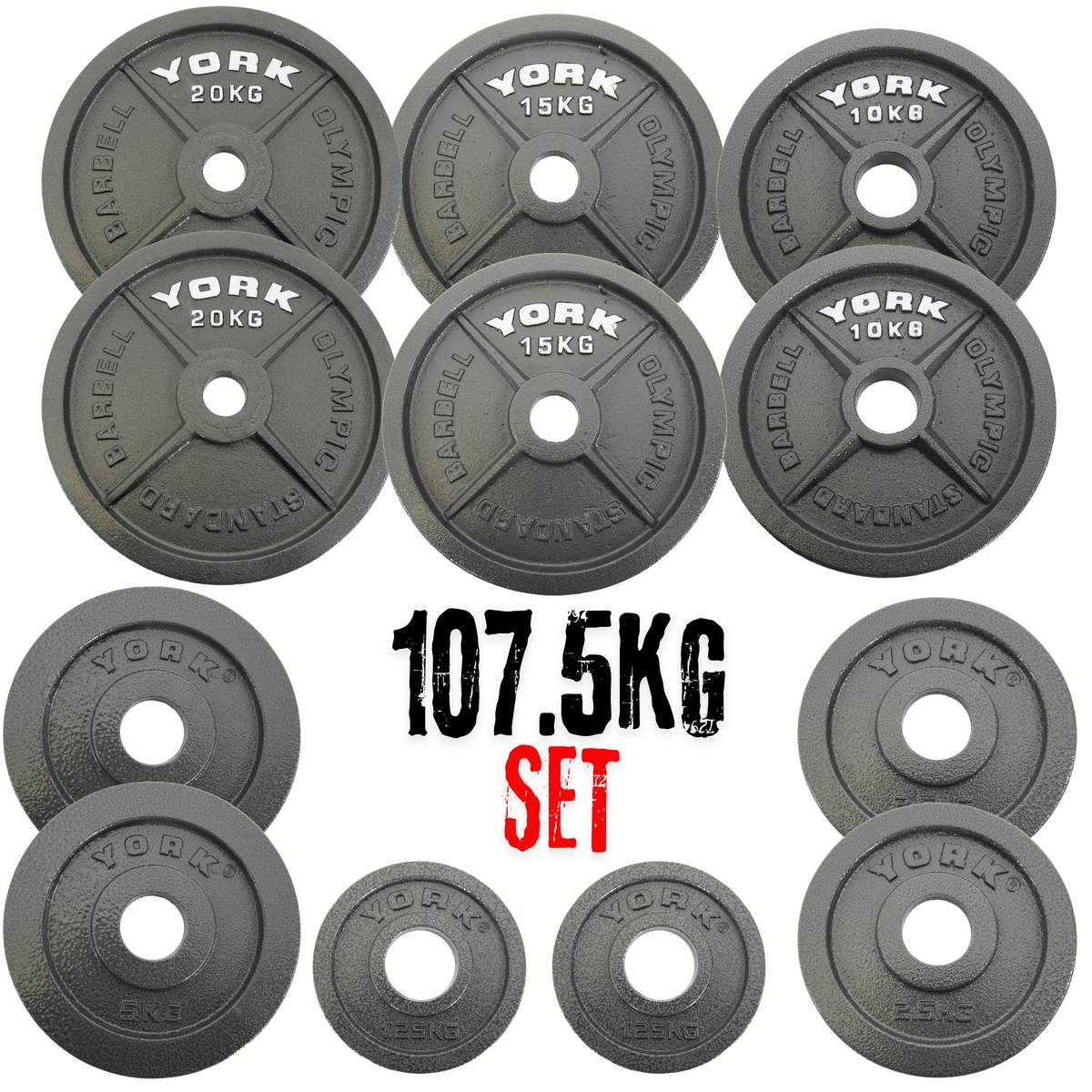 York Barbell Olympic 2" Hammertone Cast Iron 107.5kg Weight Plates Set