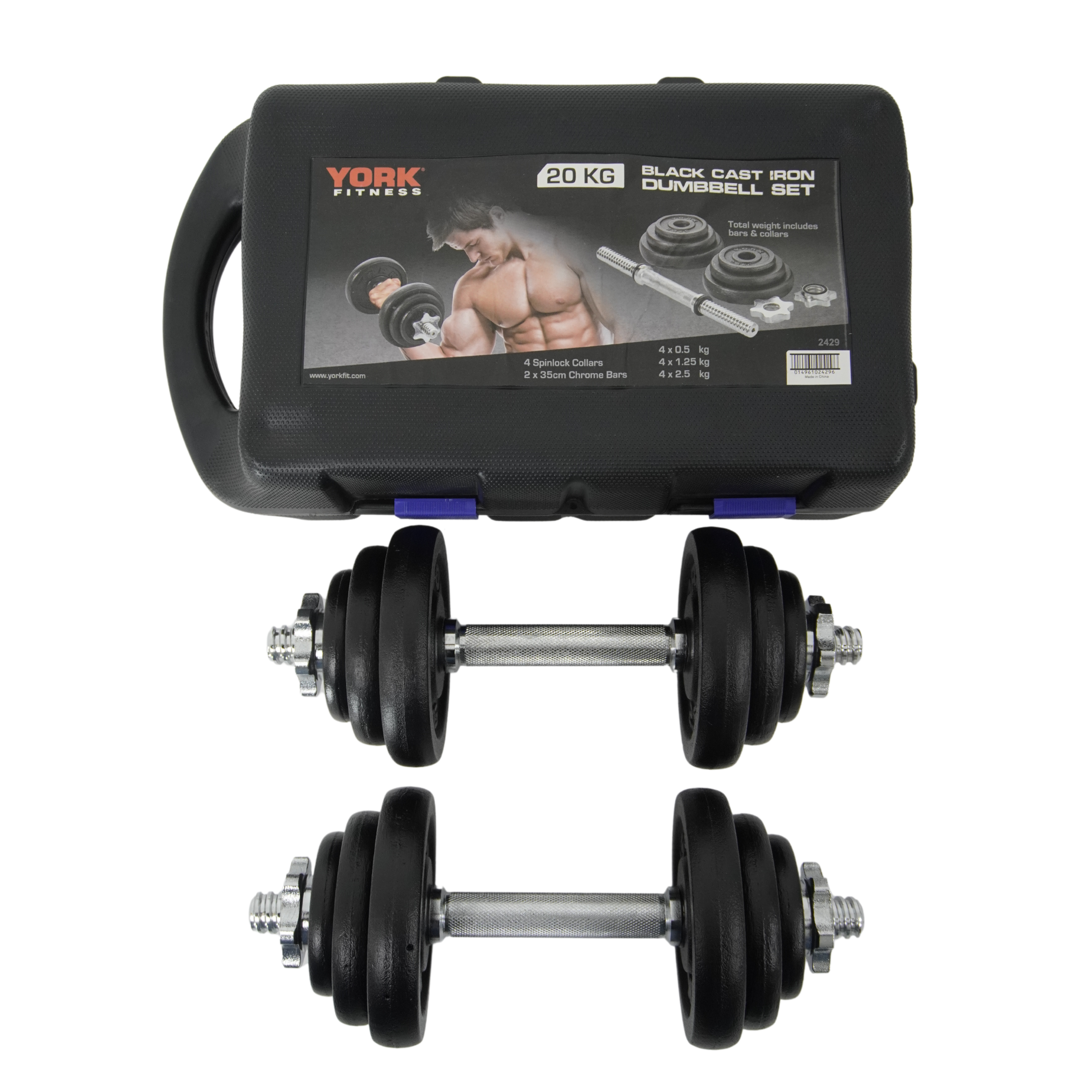 York Fitness 20kg Black Cast Iron Dumbbell Set and Case