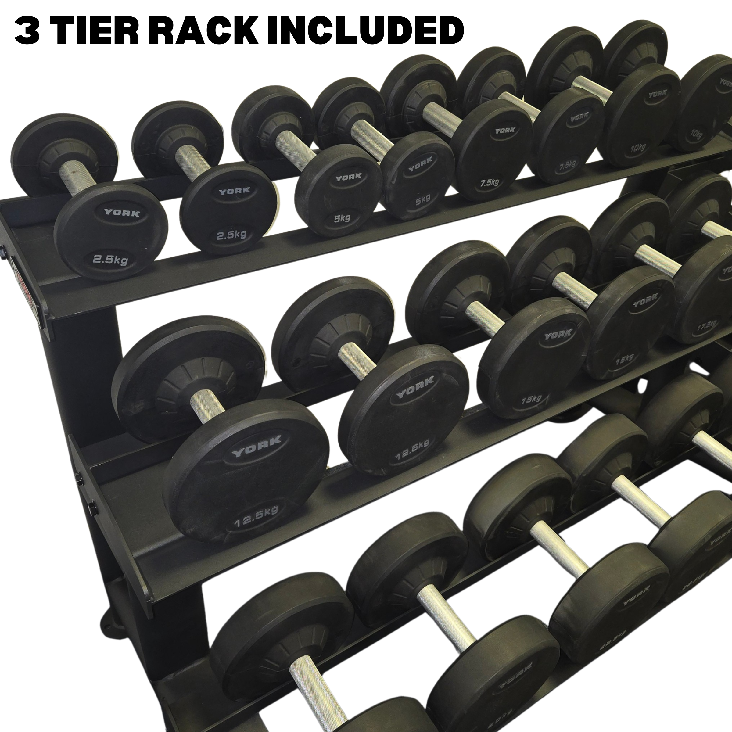 York Barbell PRO style round dumbbell + Rack Bundle 2.5kg – 25kg -Pairs